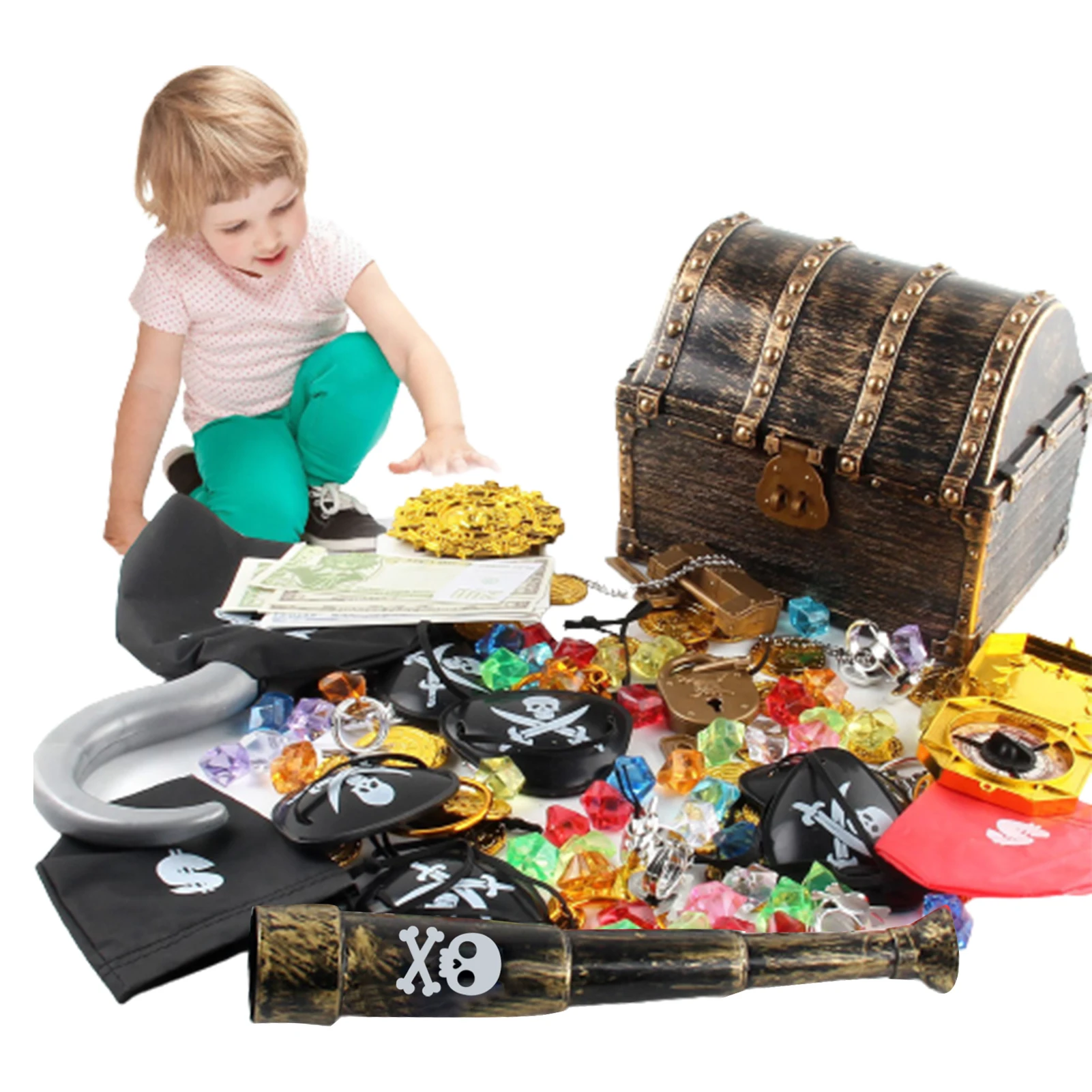 143pcs Plastic Gold Treasure Coins Captain Pirate Party Pirate Treasure Chests Child Treasure Chests Gold Coin Jewelry Gems Toy