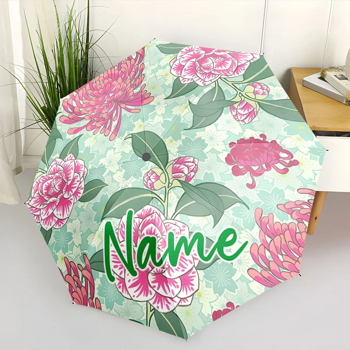 Custom Name Floral umbrella with personalized design Print 8 Iron Ribs Folding Umbrella, Auto-Open Fashion Sunshade