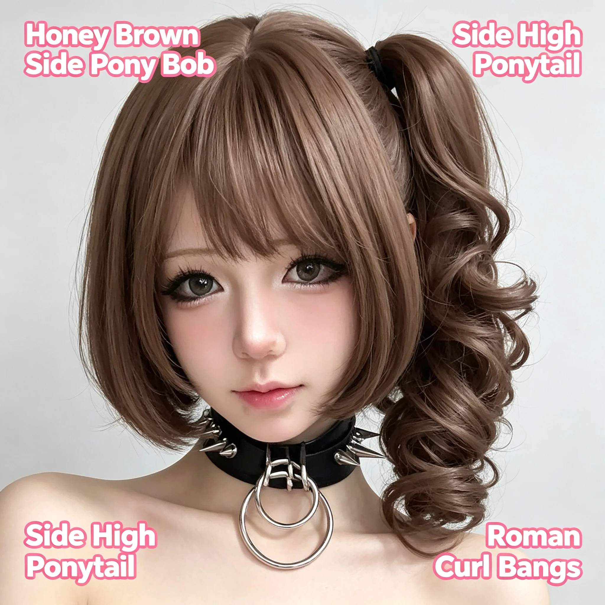 Honey Brown Y2K Gyaru Side Ponytail Roman Curly Short Wig with Bangs Synthetic Fiber Cosplay Daily Face Slimming Full Head Wig