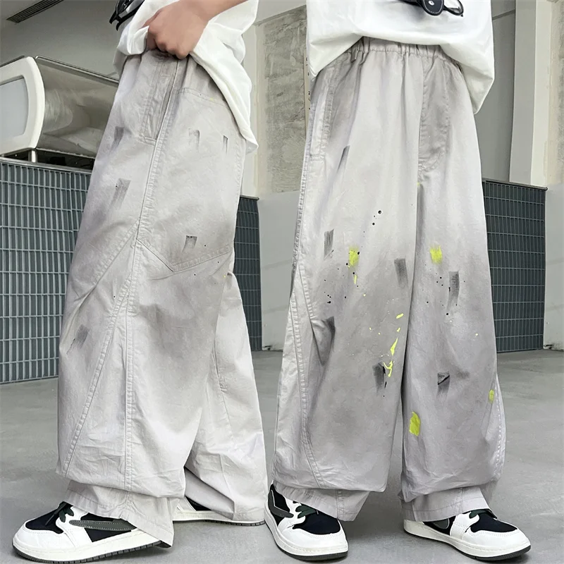 2026 Children's Summer New Arrival Boys Pants Middle Large Size Korean Style Teen Trendy Spray Dirty Washed Vintage Casual Pants