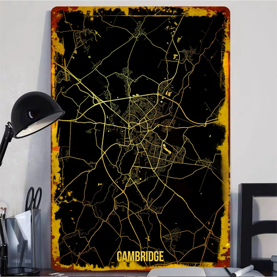 Cambridge City Map Metal Wall Art Custom Home Decor Modern Minimalist Urban Street Print for Living Room Office Decoration