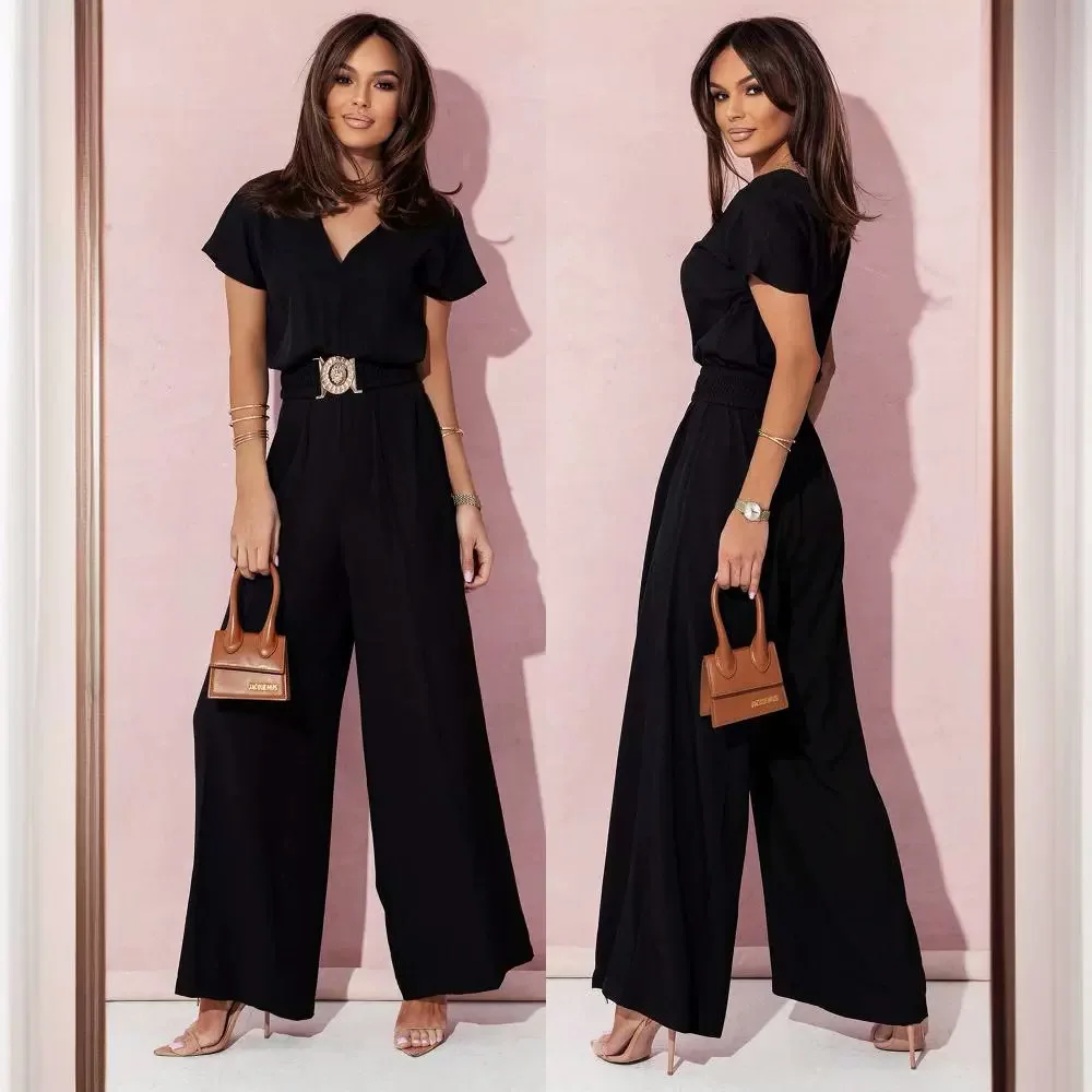 Fashion V-neck Short Sleeve High Waist Jumpsuit Women 2024 Summer Solid Wide Leg Elegant Romper Vintage Jumpsuits Overalls Women
