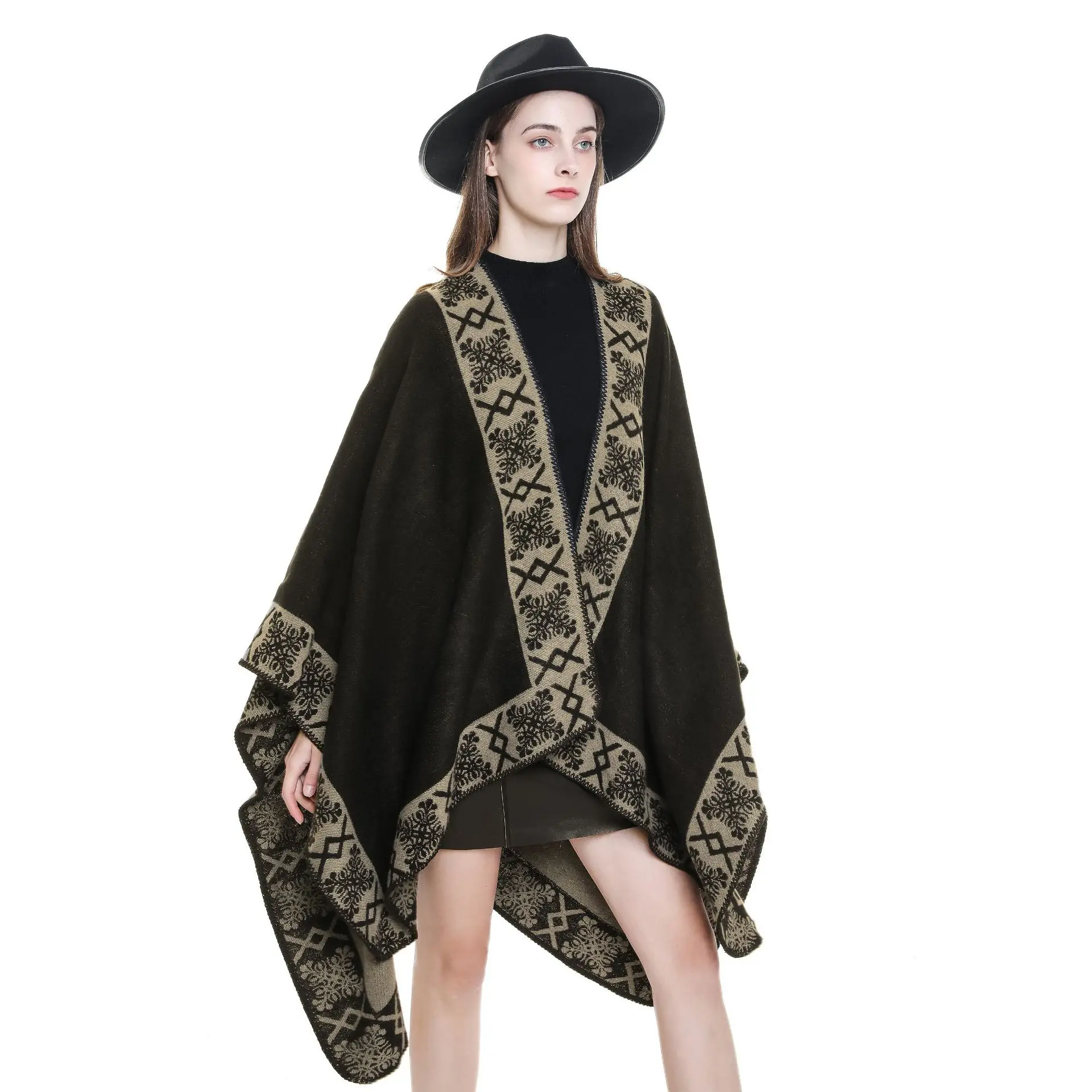 

Women Cashmere Feel Shawl Lady Classic Geometric Design Cape Spring Autumn Retro Cardigan Winter Cloak Luxury Soft Large Blanket