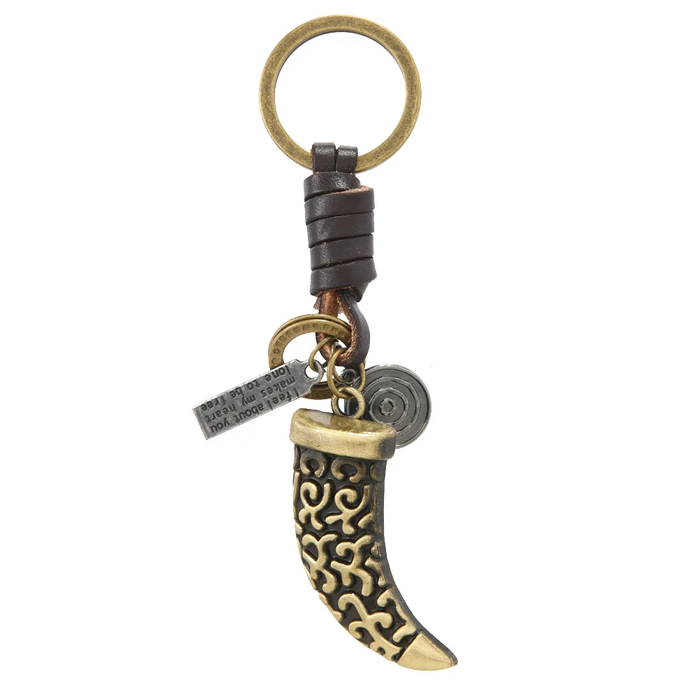 2024 Trend Jewelry Alloy Accessories Horns Pendant Keys Chain Vintage Handmade Weave Leather Keychains Men