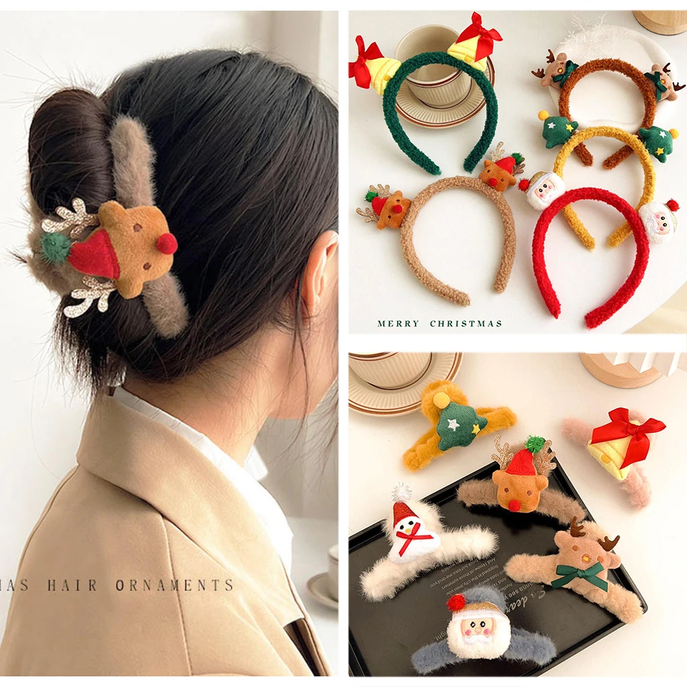 Christmas Plush Hair Clip Deer Santa Claus Snowmen Christmas Tree Cartoon Headdress Headband Holiday Decorative Hair Accessories