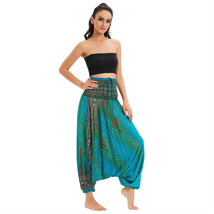 Women's Bohemian Hippie Pants with Smoked Print Design  Loose Lantern Pants Yoga Pants Dress Beach Vacation Skirt