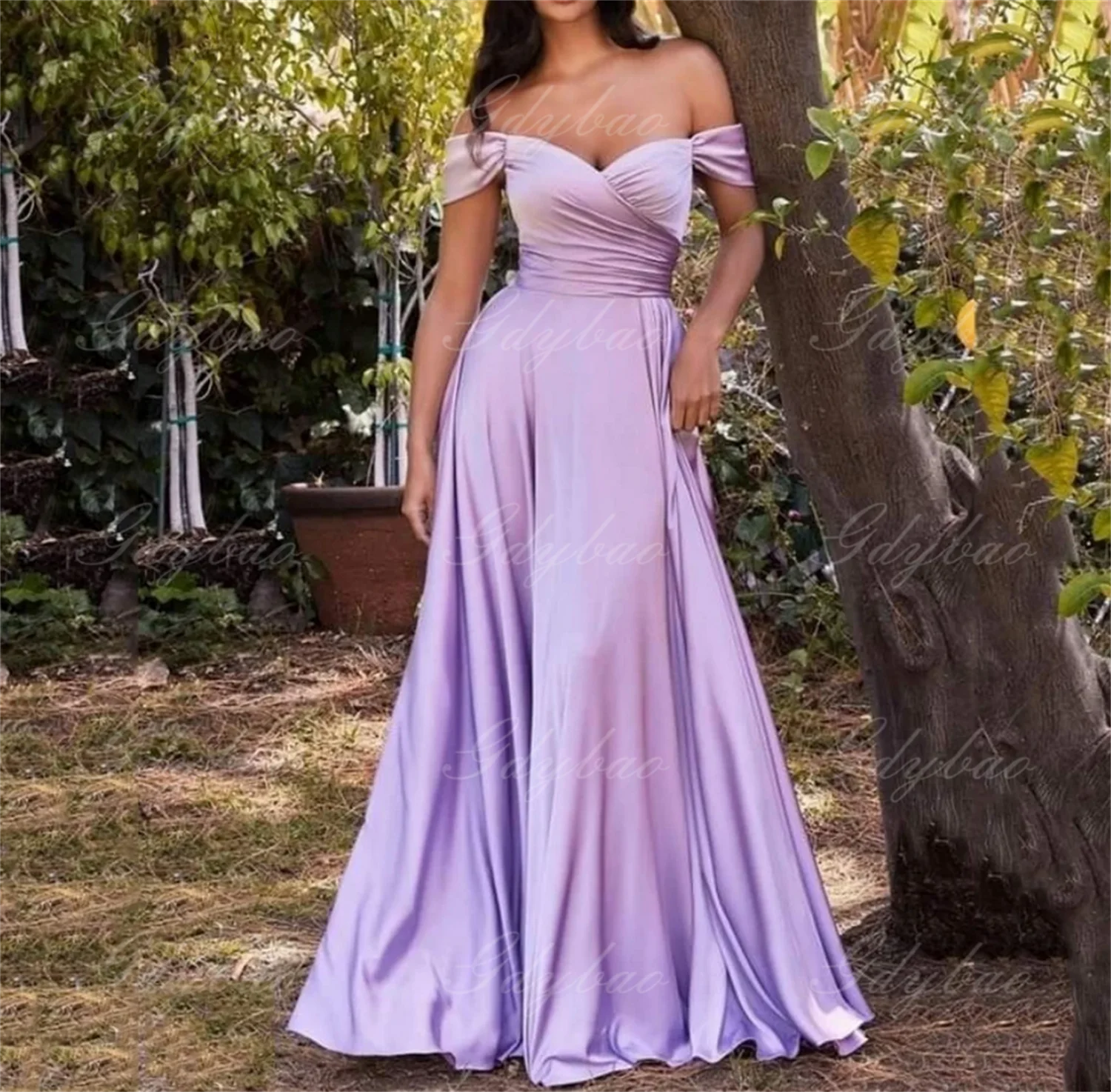 

Lilac Silk Off the Shoulder Prom Dresses V-neck Backless Party Formal Evening Gowns Floor-Length Bridesmaid Dresses