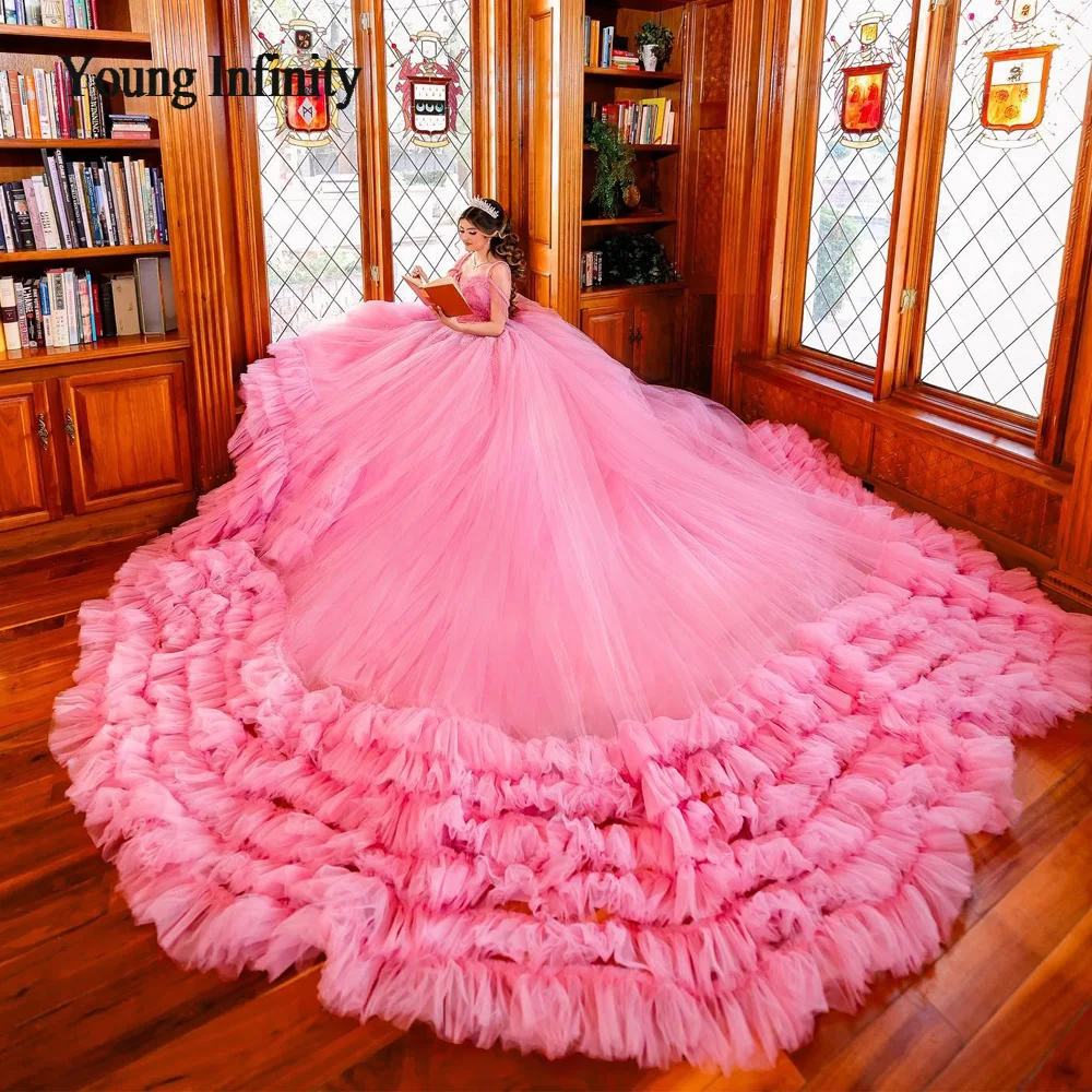 

Luxury Pink Ruffle Pleats Long Train Quinceanera Dresses 2024 Princess Ball Gown Sweet 15 16 Vestidos De 15 Anos Birthday Miss