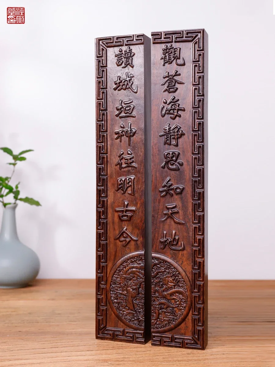 Handmade Paperweights Paper Weight Black Catalpa Wood Carving Ink Water Brush Painting Calligraphy Sumi-e Lotus Flower Couplet