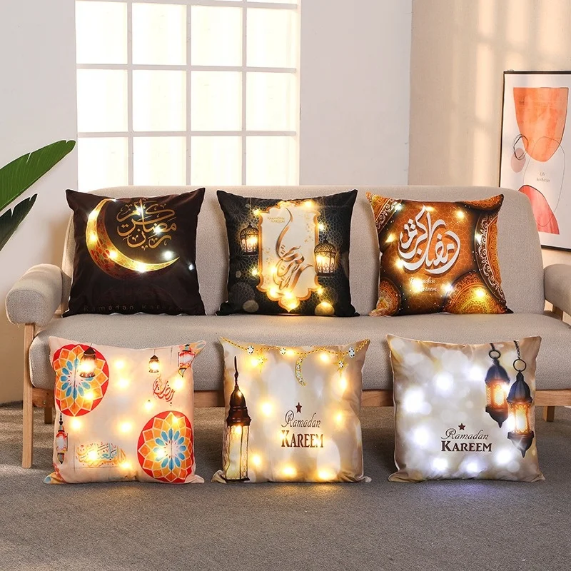 

2PCS Ramadan and Eid al-Fitr Mubarak Decoration Mosque Decoration Muslim Holiday Gifts Light Emitting Diode Family Pillowcases