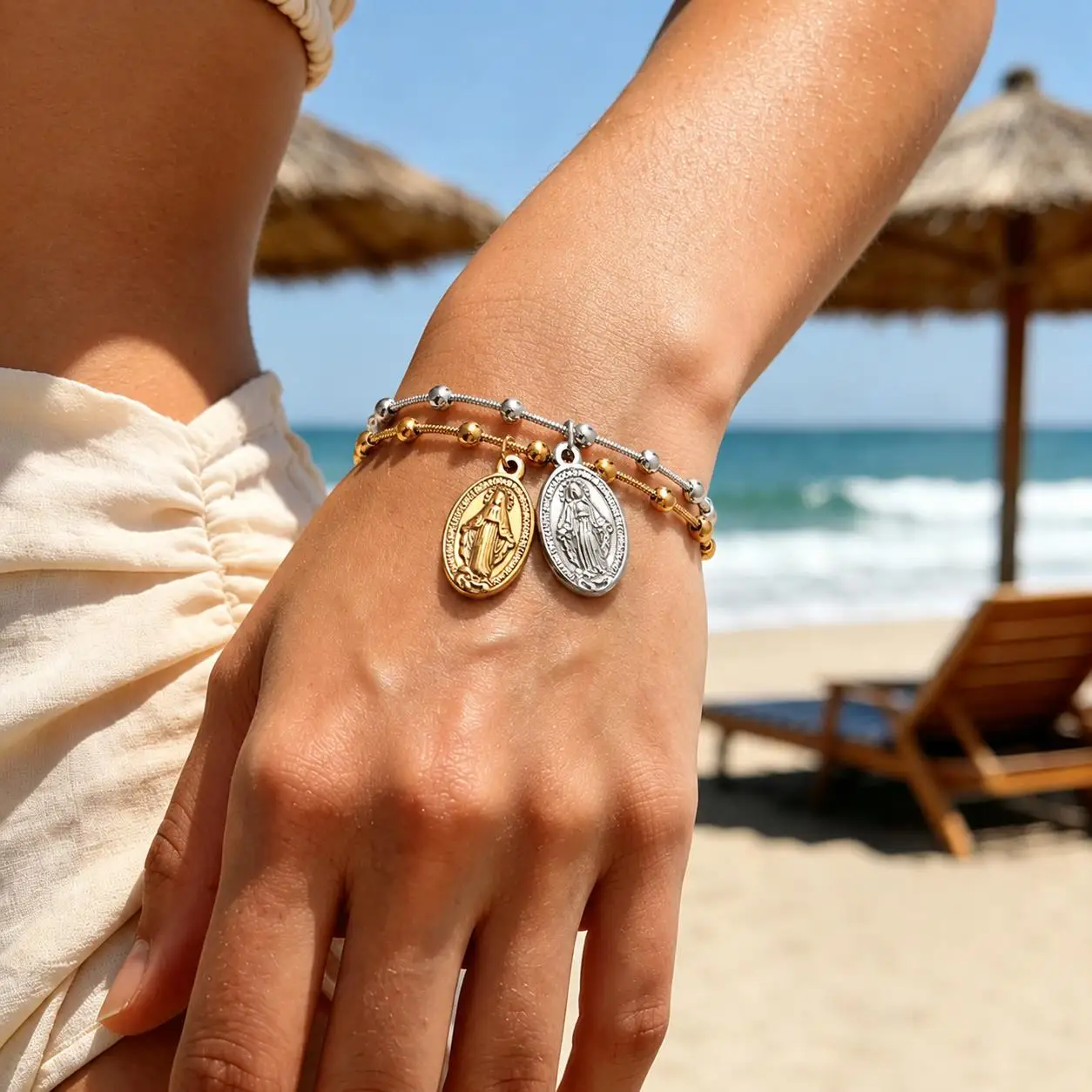 Stainless Steel Virgin Charm Beaded Bracelet  Religious Adjustable Cross Extension Chain Women Fashion Jewelry Christmas Gift