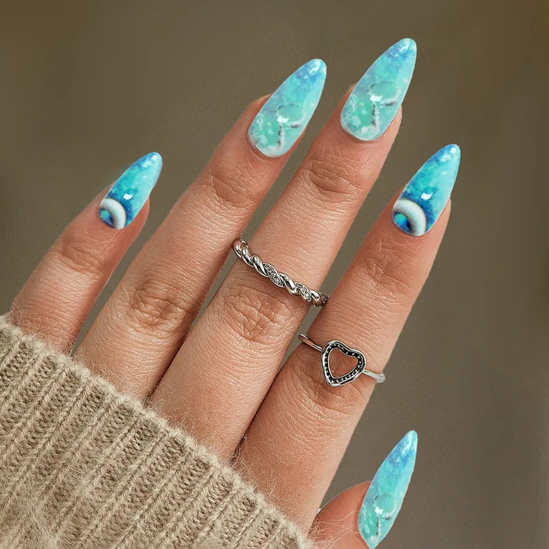 

24Pcs Ocean Blue Press-On Nails – Medium-Long Almond Shape ins False Nails Detachable Finished Nail Tips