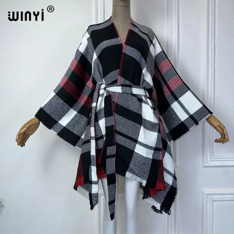 WINYI winter jacket for women Classic plaid OverCoat Thick Warm dress fashion cardigan Middle East winter kimono with waistband