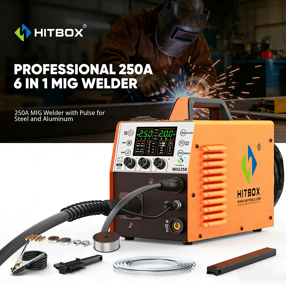 HITBOX MIG250 6-in-1 Aluminium MIG Lastechniek ARC MMA Lift TIG Gas/Gasloos MIG 2T 4T IGBT Inverter Semi-automatische Lasmachine