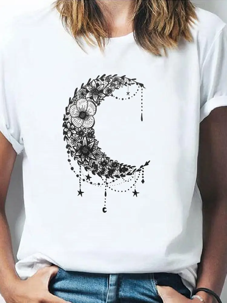 Tee Women Clothes T Female Clothing Fashion Print Summer Moon Space Flower 90s Style Short Sleeve Casual Graphic T-shirts