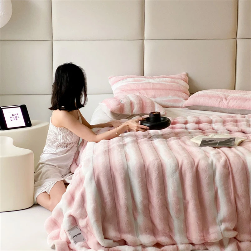 American Style Light Luxury Three-Dimensional Striped Jacquard Blanket Soft Imitation Rabbit Blanket Casual Sofa Cover Blanket