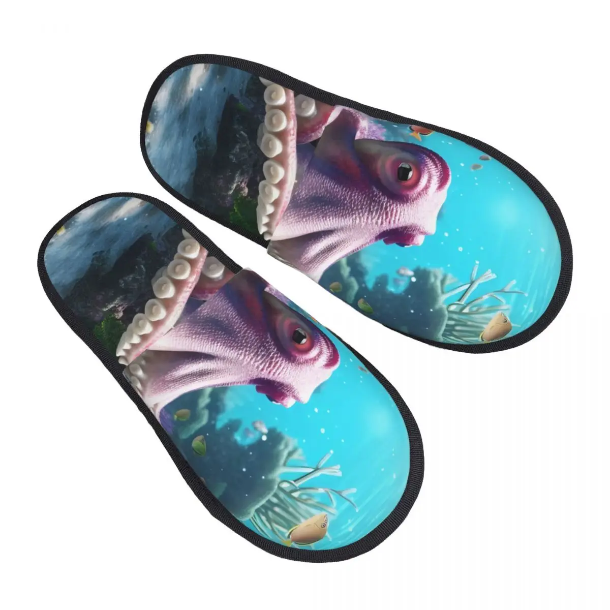

Winter Women Men Non-Slip Flat Slippers Octopus On Coral Reef Underwater World Indoor Fur Soft Warm Shoes