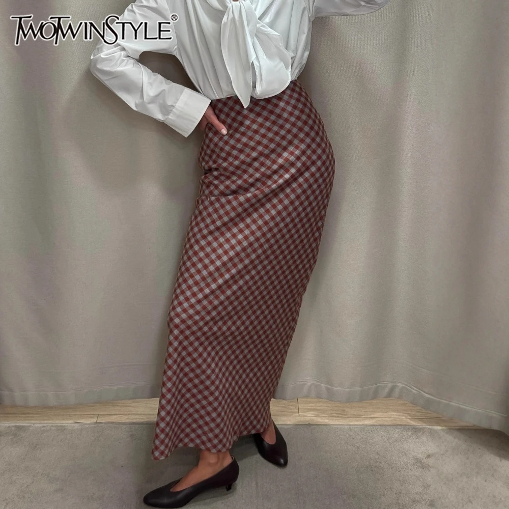 TWOTWINSTYLE アメリカンレトロクラシックチェック柄ミディスカート女性のためのハイウエスト痩身ハイエンドオフィスフィッシュテールスカート女性トレンド