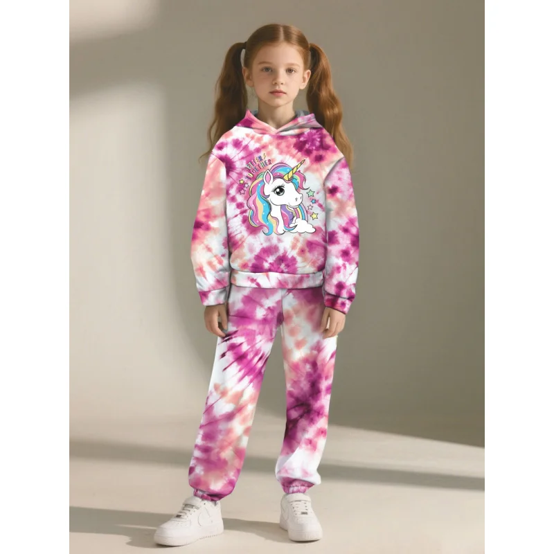 

20256 Girls' Tie-Dye Unicorn Hooded Two-Piece Set: Sweet Casual Sweatshirt and Pants Children's Ensemble