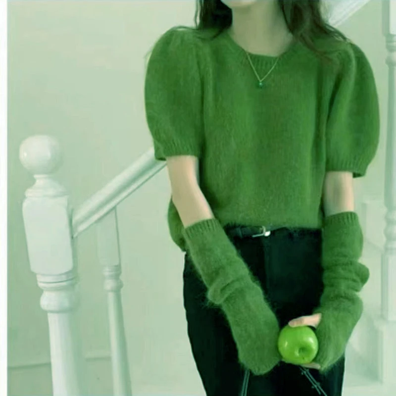 Korean Office sexy off Lady Elegant Simple All-match Knitted O Neck Short Sleeve Pullover Solid Color Design Sense Sweater with