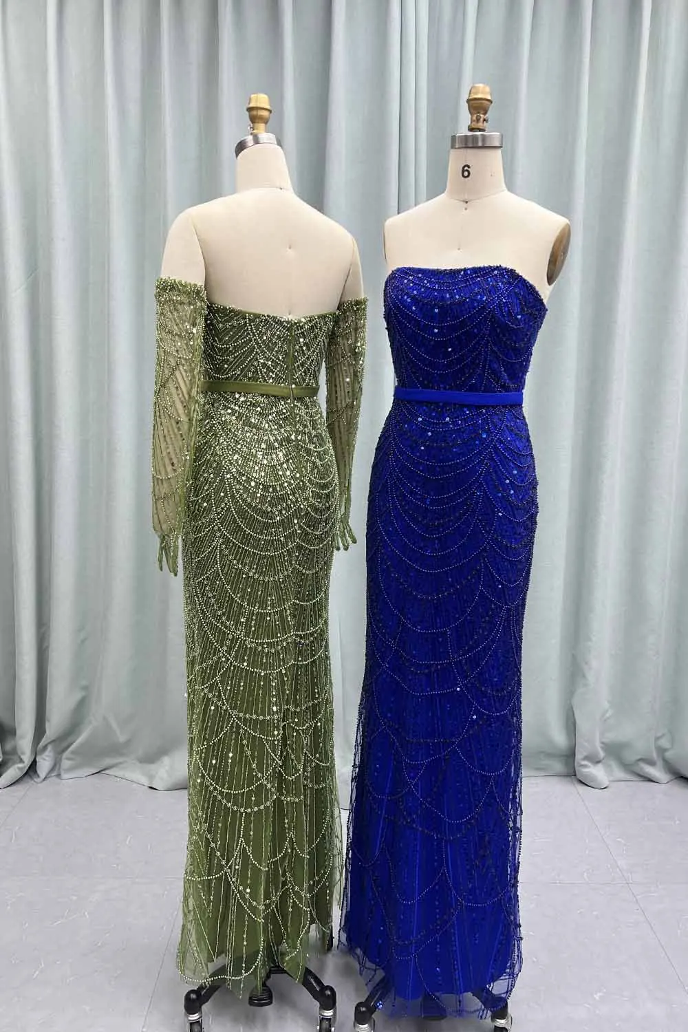 YQLNNE Luxury Greenery Pearls Beading Evening Dresses With Gloves Long Mermaid Muslim Formal Evening Party Gown