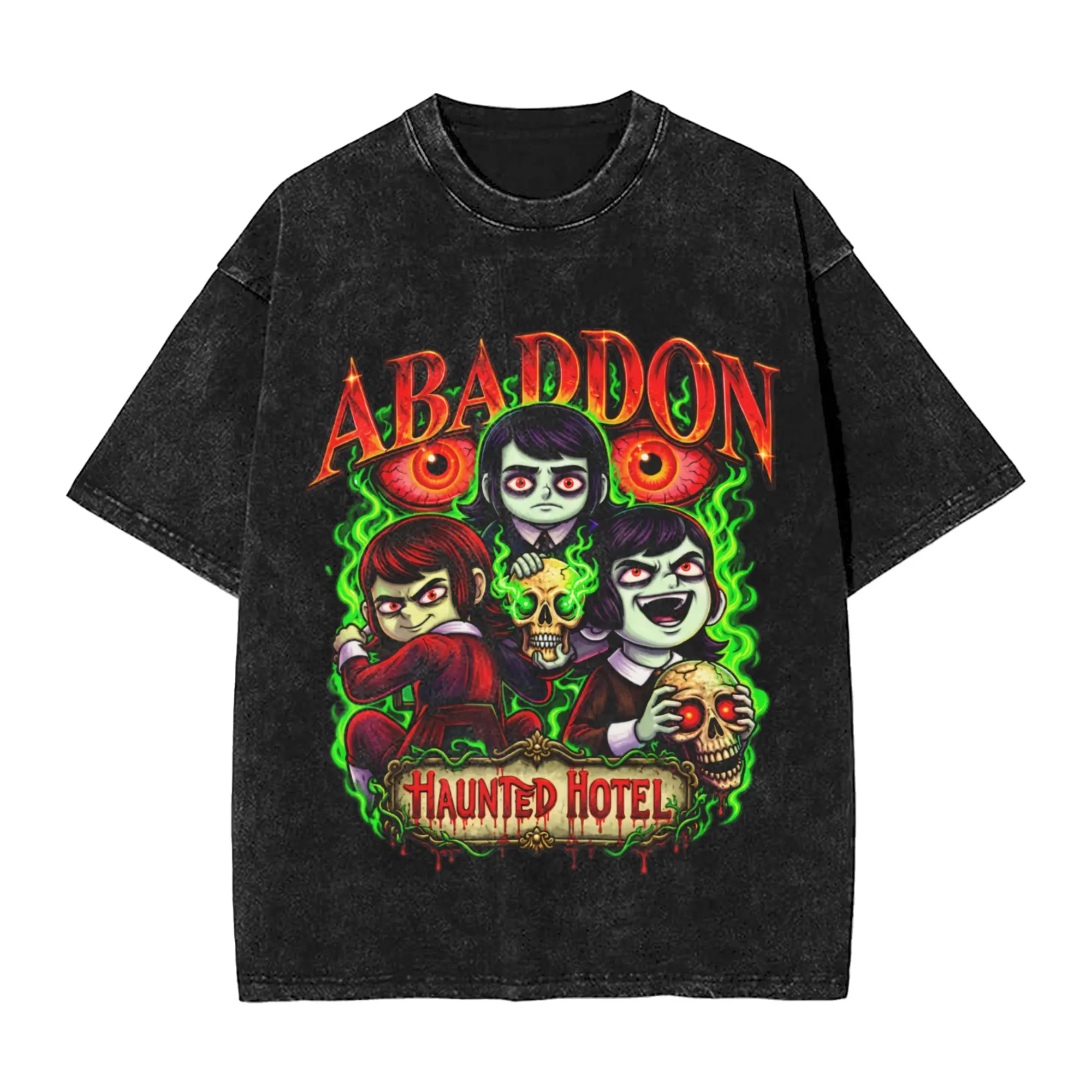 Harajuku Washed Shirts Abaddon Haunted Hotel Horror Spooky  Apparel Vintage T-Shirts Harajuku  Streetwear Short Sleeve