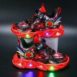 Boys Spiderman Sneakers Disney LED Children's Sport Shoes Student Shoes Fashion Anti-slip Kids Outdoor Shoes Pu Leather Shoes