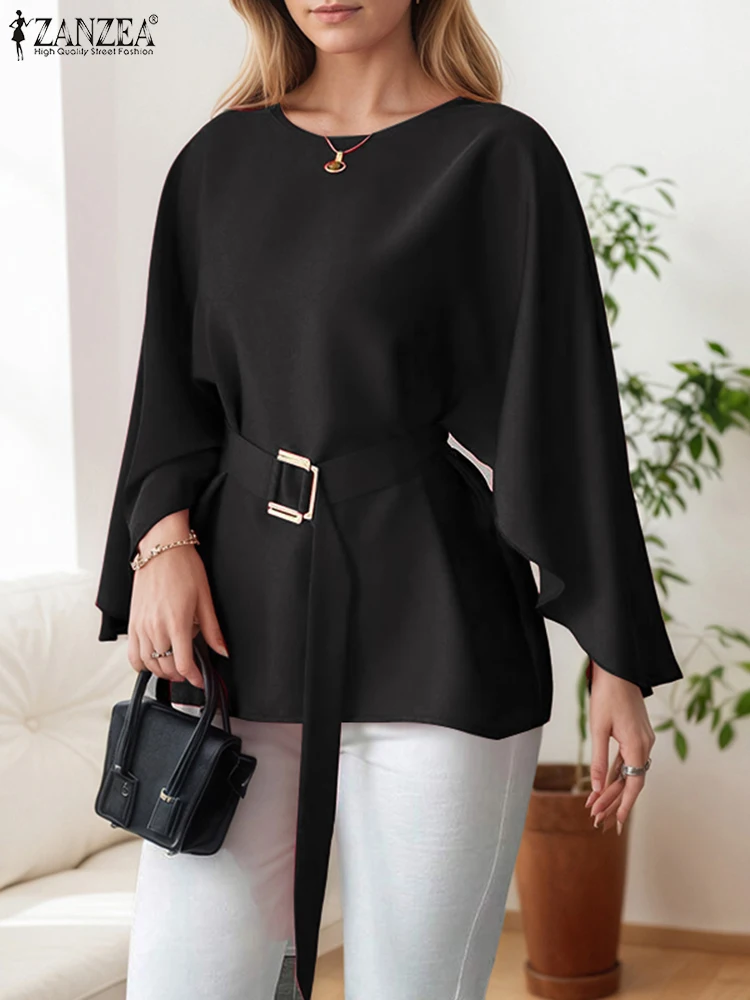 

ZANZEA Office Shirts Long Sleeve Elegant Blusas Women Stylish Belt Tops 2025 Fashion Solid Color O Neck Tunic Autumn Pullover