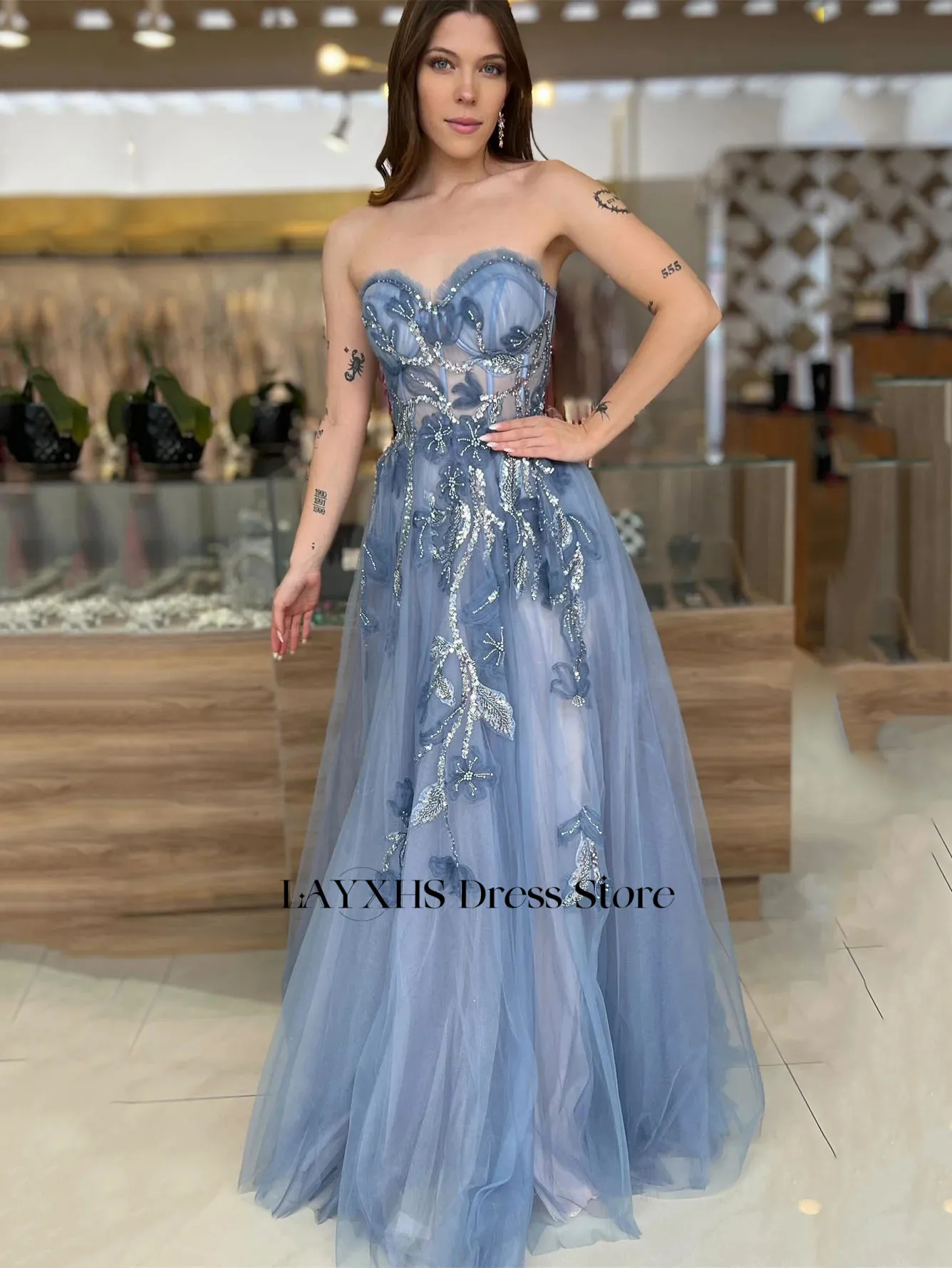 LAYXHS Exquisite Sweetheart Evening Dresses Blue A-Line Tulle Appliques Beaded Prom Dresses Customized فساتين سهره