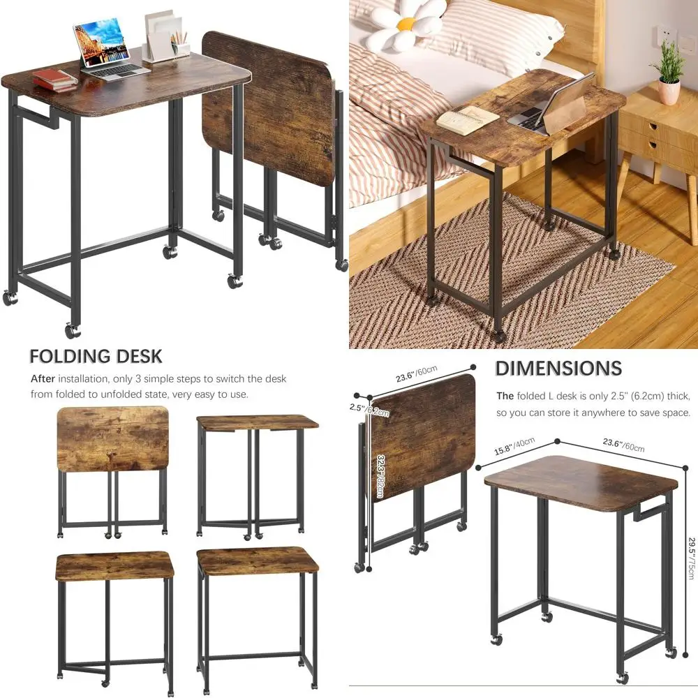 

23.6" Mobile Small Rolling Computer Desk, olding Laptop Cart Table with Wheels, Portable Oice Desk or Small Space Couch Bed - Ru