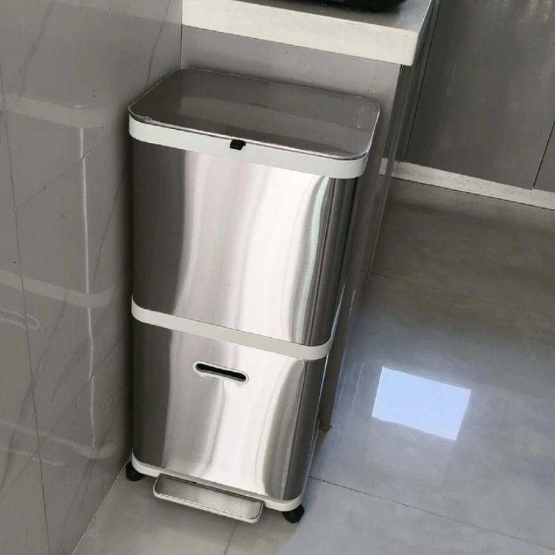 Stainless Steel 2 Layer Trash Can Kitchen Foot Pedal Garbage Bin No Bend Waste Sorter for Recycling Large Capacity Recycle Bin