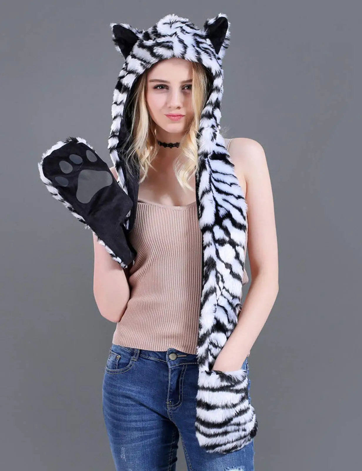 Cosplay White Tiger Winter Novelty Faux Fur Hoods Animal Hat Scarf Gloves 3 in1 Fleece Hooded Plush Warm Earmuff Warcraft Cap