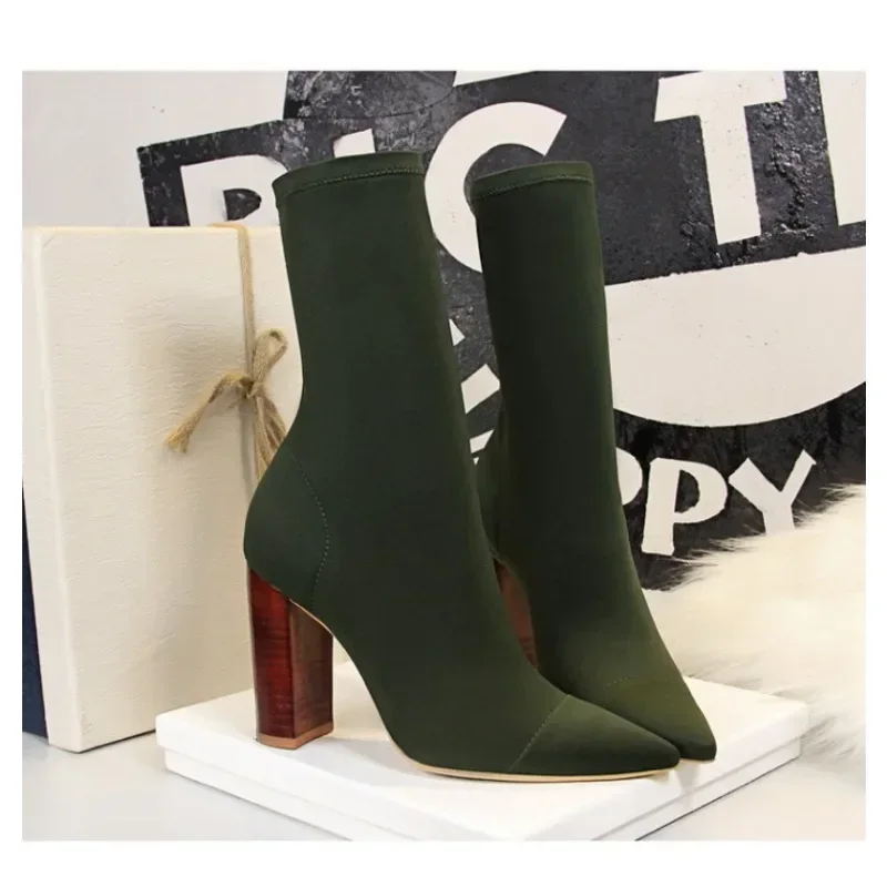 Autumn Winter Boots for Women Ankle Boo 9.5CM Square Heel European and American Fashion with Pointed Toe Women's Shoes