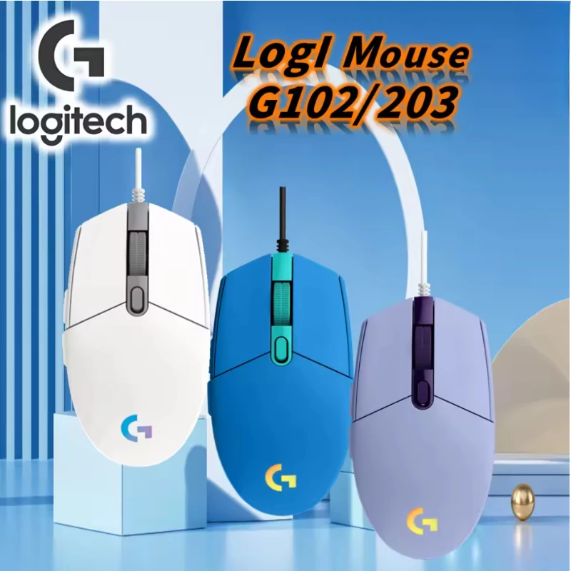 Przewodowa mysz do gier Logitech G102/G203, zapewniająca wysokiej jakości wydajność w e-sportie, precyzyjny czujnik 8000 DPI, konfigurowalne podświetlenie RGB.
