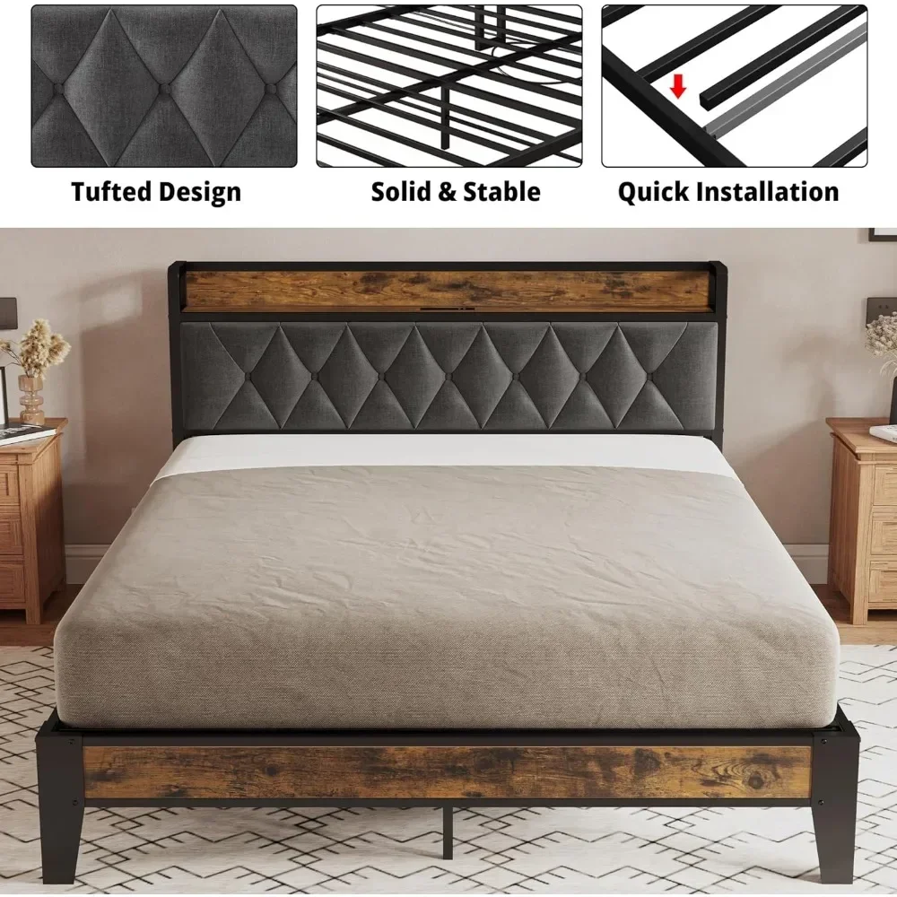 Bed Frame, Storage Headboard with Outlets, Easy to Install, Sturdy and Stable, No Noise, No Box Springs Needed