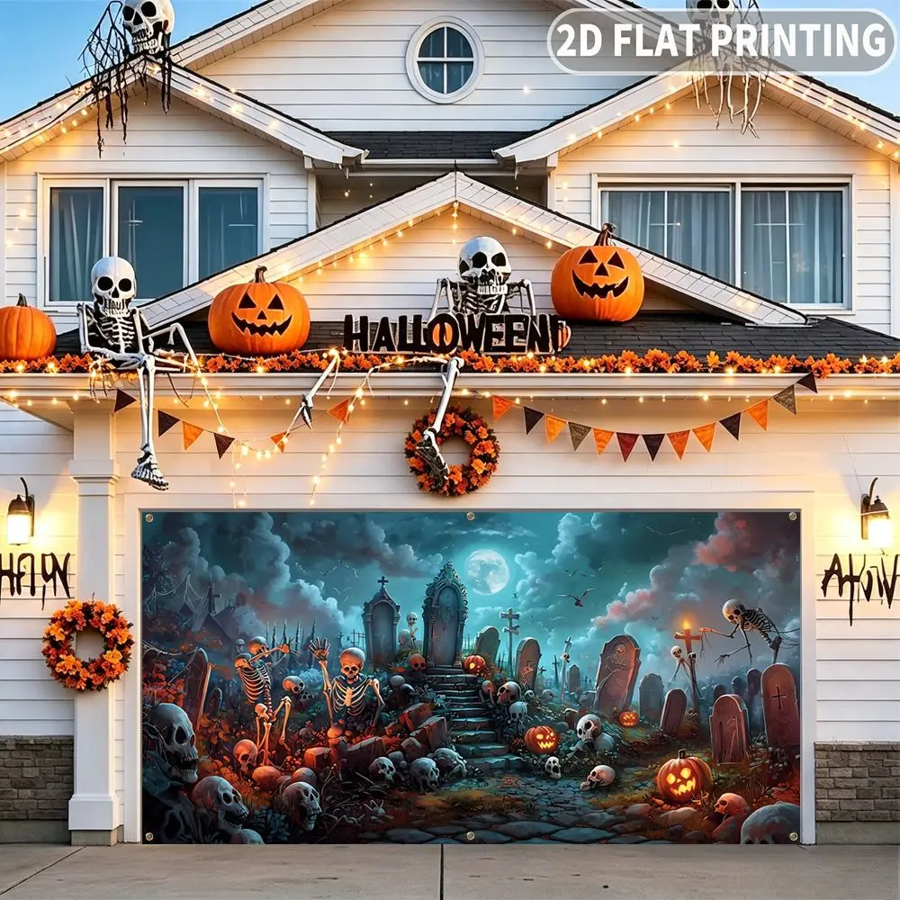 1pc 2D FLAT Halloween Party Garage Banner, Spooky Halloween Graveyard Skeletons And Pumpkins, No Power Need, for Home Decor