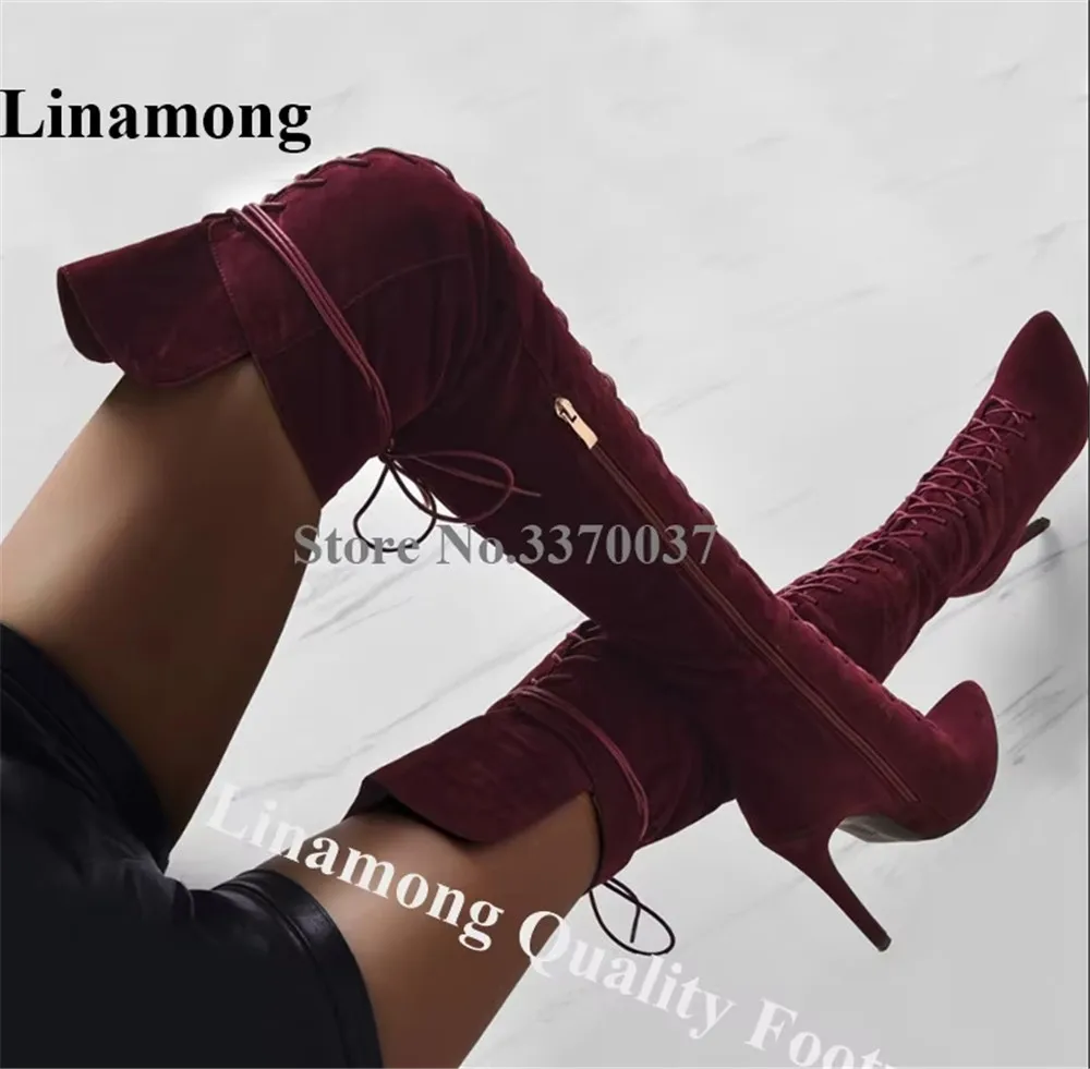 

Women Sexy Fashion Pointed Toe Suede Leather Stiletto Heel Over Knee Boots Lace-up Slim Long High Heel Boots Evening Dress Shoes