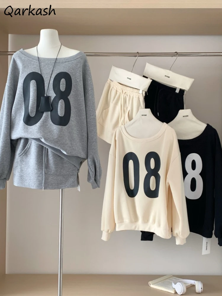 

Sets Women Autumn Spicy Girls Temperament Baggy Printed Off Shoulder Tops Elastic Waist Mini College Korean Fashion Minimalist