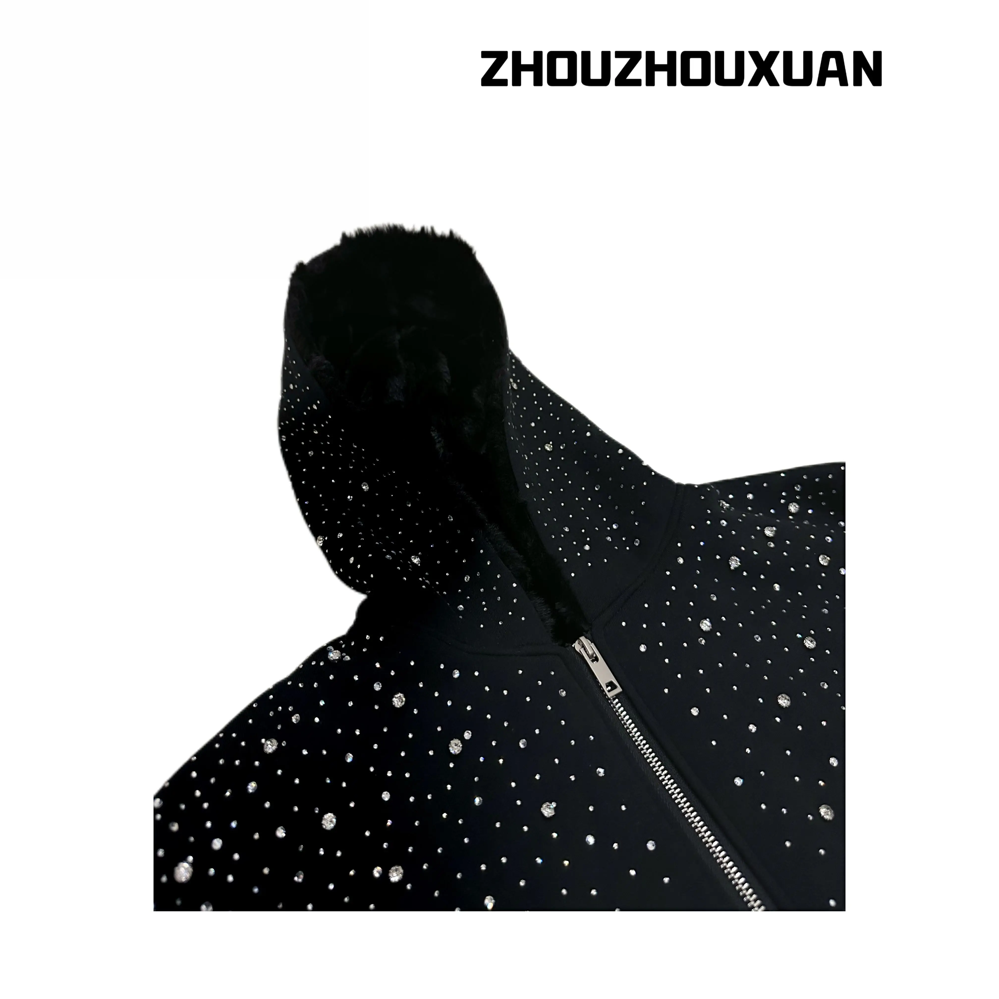 النمط الياباني الأصلي الثقيلة حجر الراين سستة طويلة الأكمام مقنعين سترة الخريف الشتاء جديد أفخم سترة فضفاضة غير رسمية للجنسين