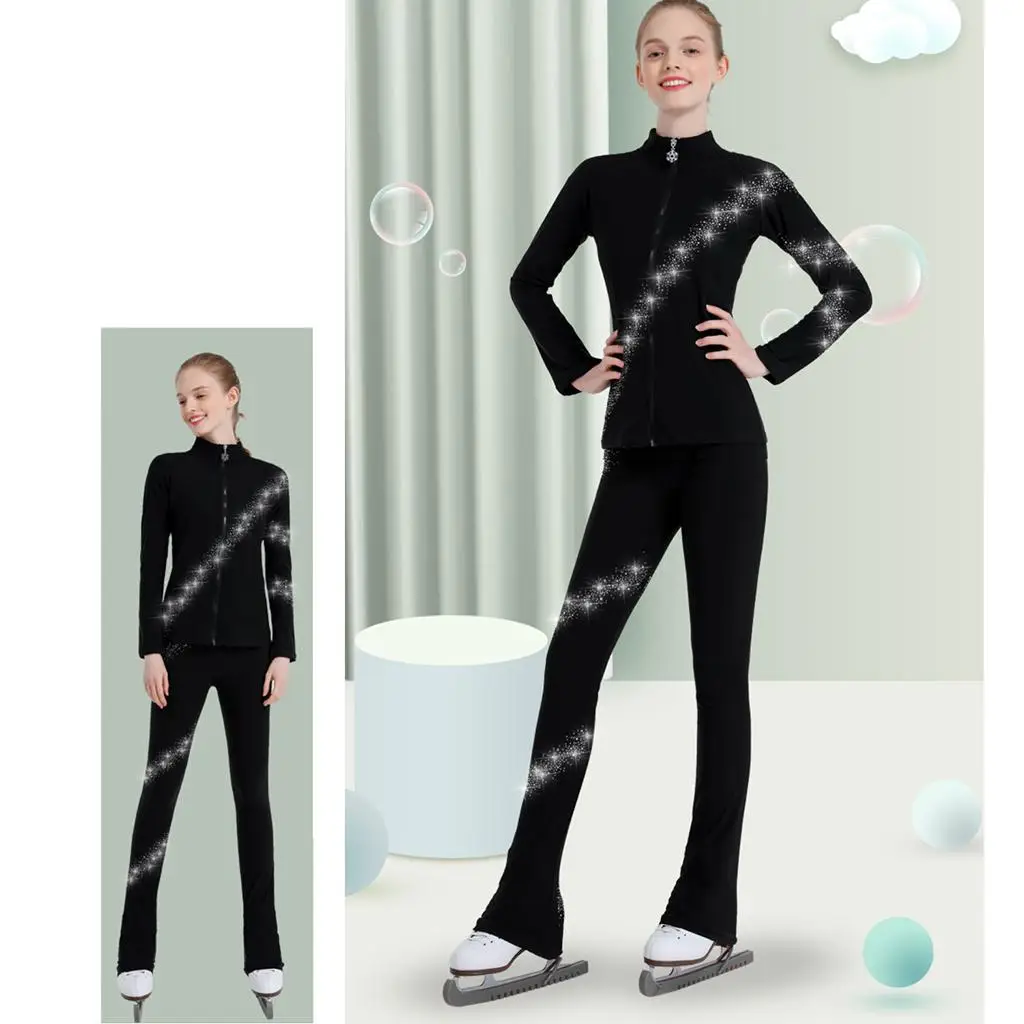 Girls Women Figure Skating Jacket Pants Set Outfit Fuzzy Fleece Coat Pants with Crystal Spiral Rhinestones