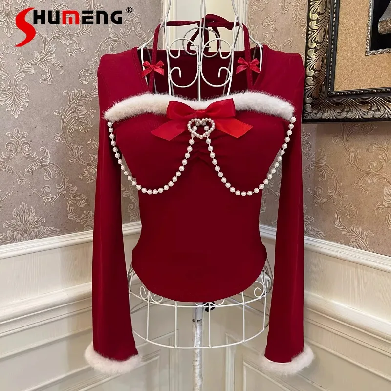 New Year's Atmosphere Girl's Heart Tees Plush Imitation Rabbit Fur Bow Pearl Chain Slim And Thin Neck Short T-shirt Top Pullover