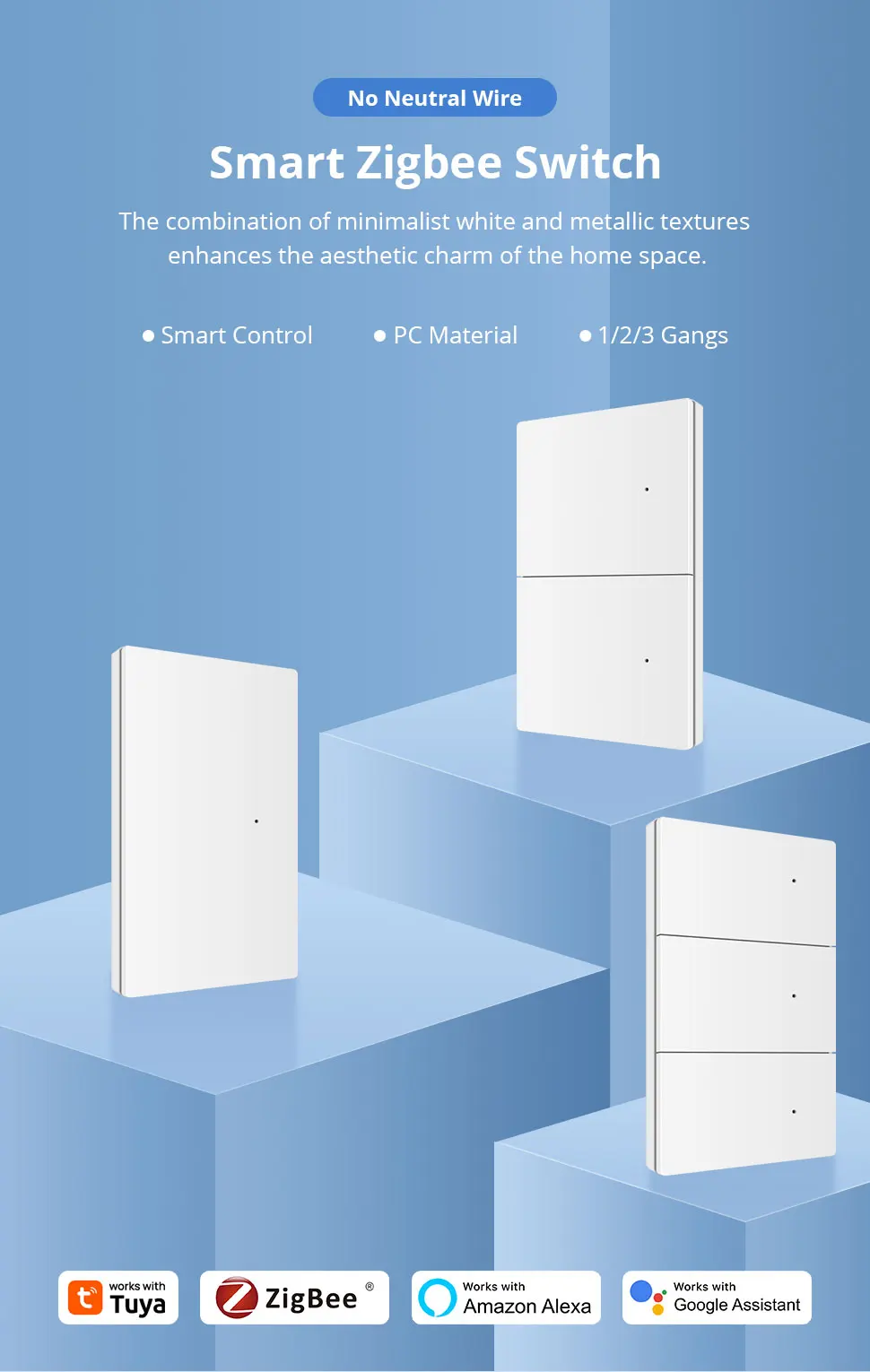 Zemismart Zigbee Smart Wandlichtschalter Ohne Neutralleiter 1 2 3 Tasten Druckknopf PC-Panel Kompatibel mit Tuya Zigbee Hub Smart Life ZM-808 – Detail 1