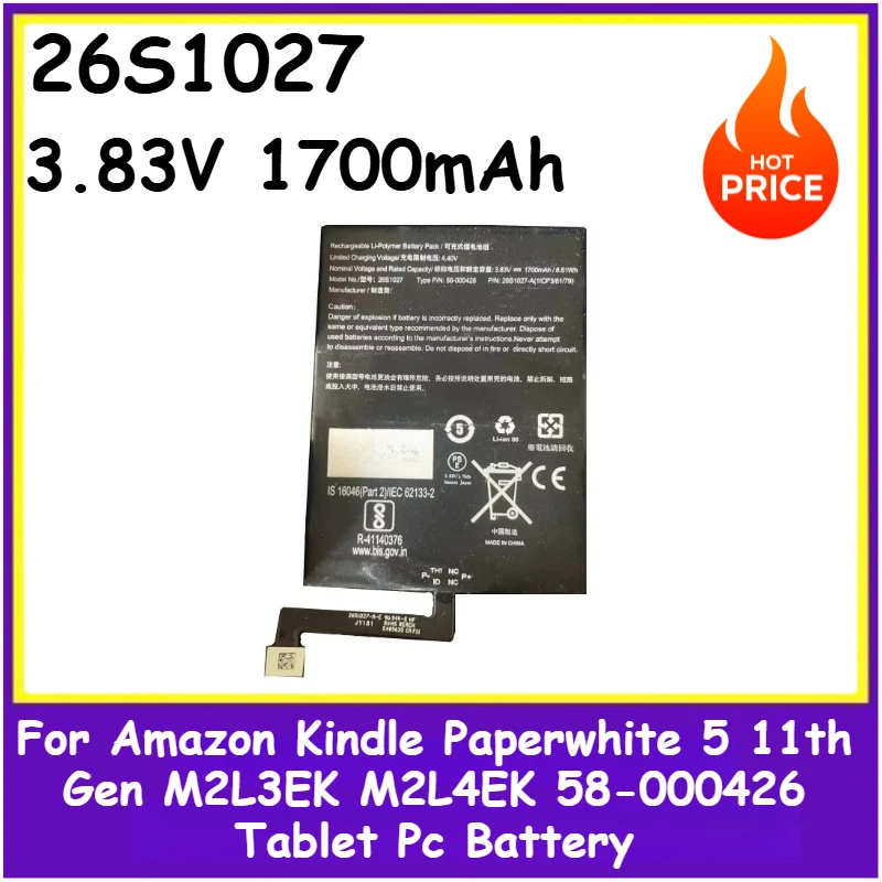

Tablet PC Battery 3.83V 1700mAh 26S1027 For Amazon Kindle Paperwhite 5 11th Gen M2L3EK M2L4EK 58-000426 Brand New High Quality