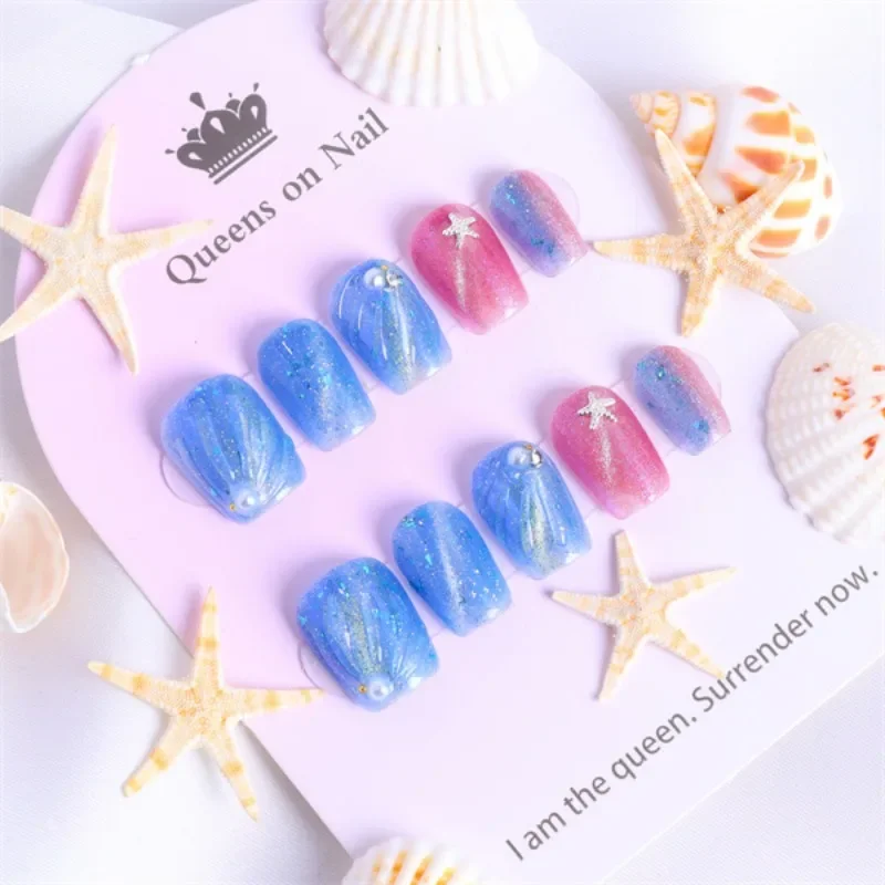 

10Pcs Handmade Short False Blue Nails Tips Aesthetic False Press on Nails Manicure Accessories and Tools Grils Gifts