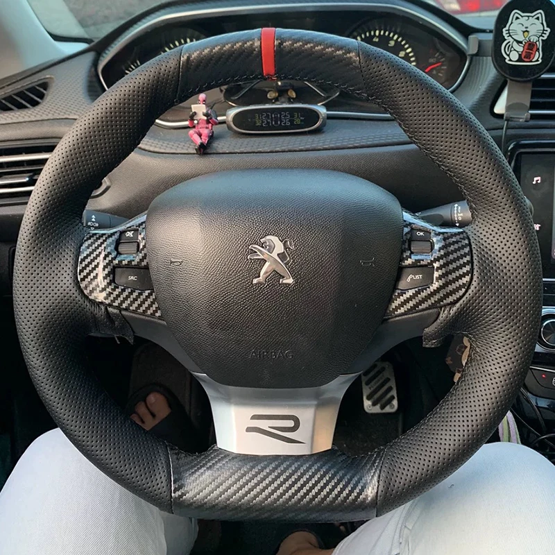 For Peugeot 308 2014-2017 Hand Stitched Non-Slip Black Genuine Leather Car Steering Wheel Cover