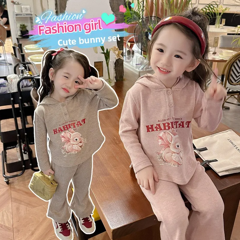 Suitable for 1-8 years old girls set cotton casual sports suit Spring Autumn warm cartoon cute rabbit hoodie + pants 2Pcs