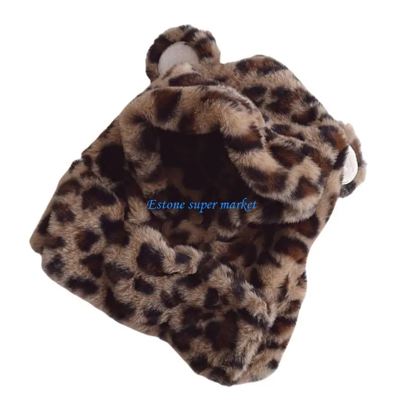 

090B Детские шапки для защиты ушей с леопардовым принтом, плюшевые шапки, ветрозащитная шапка, головные уборы