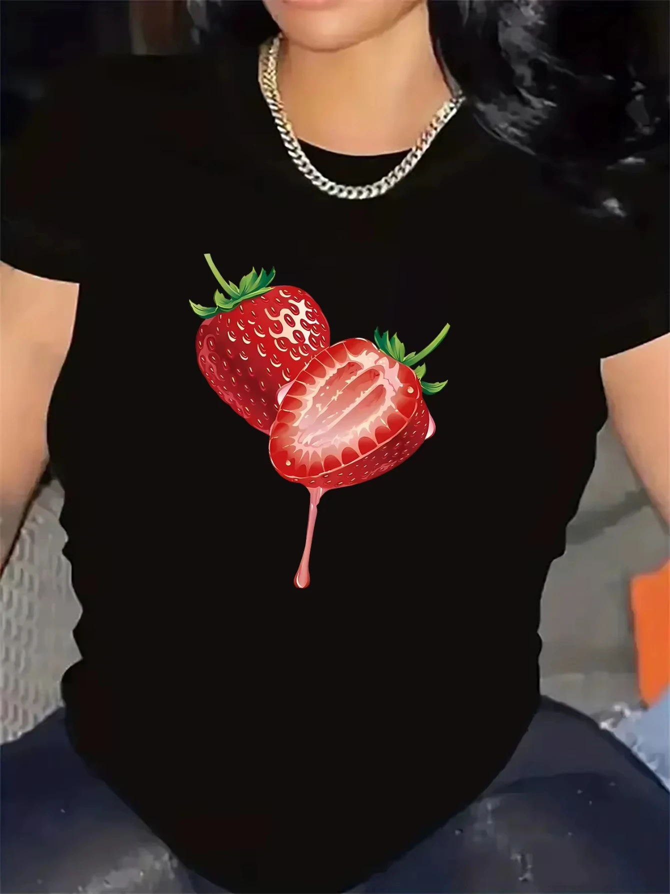 Sleeve T-Shirt with Strawberry Print Lightweight and Comfortable for Casual Wear Home Harajuku oversized t shirt