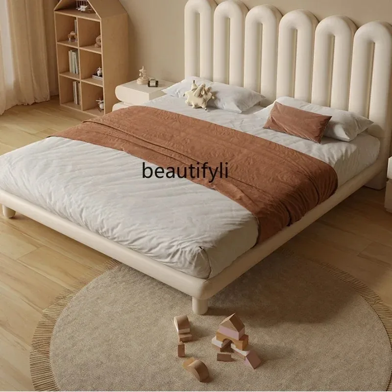 

Modern Simple Beige Bed Italian Leather Soft Bag Suspension Bed Small Apartment Children's Bedroom Minimalist Princess Bed