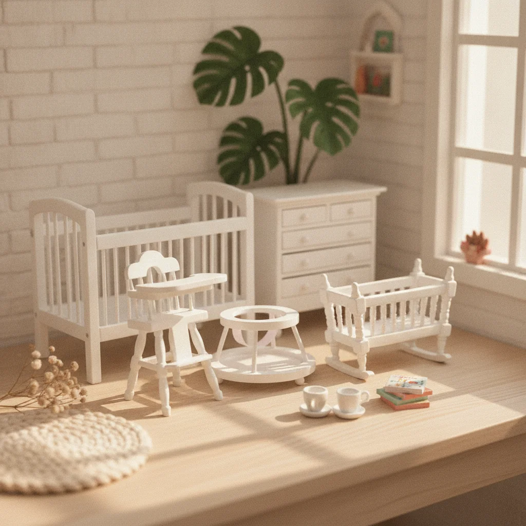 Baby Nursery Furniture Sets - ชุดของเล่นบ้านตุ๊กตา 5 ชิ้น เฟอร์นิเจอร์บ้านตุ๊กตาไม้พร้อมเปลเด็ก เปลสีขาว ตู้เสื้อผ้าขนาดเล็ก